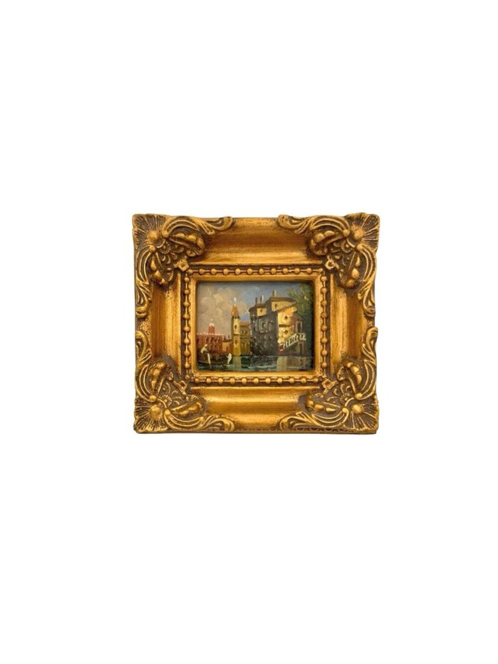 Painting Venice Canal Vintage Cityscape Oil on Board Miniature in Ornate Frame